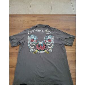 Christian Audigier Mens XXL Gray Polo Shirt Sugar Skull‎ Rhinestone Graphic